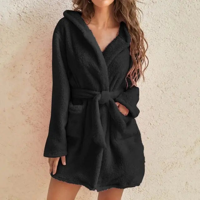 Women Hooded Fleece Bathrobe  Mustard Seed1 Black S 