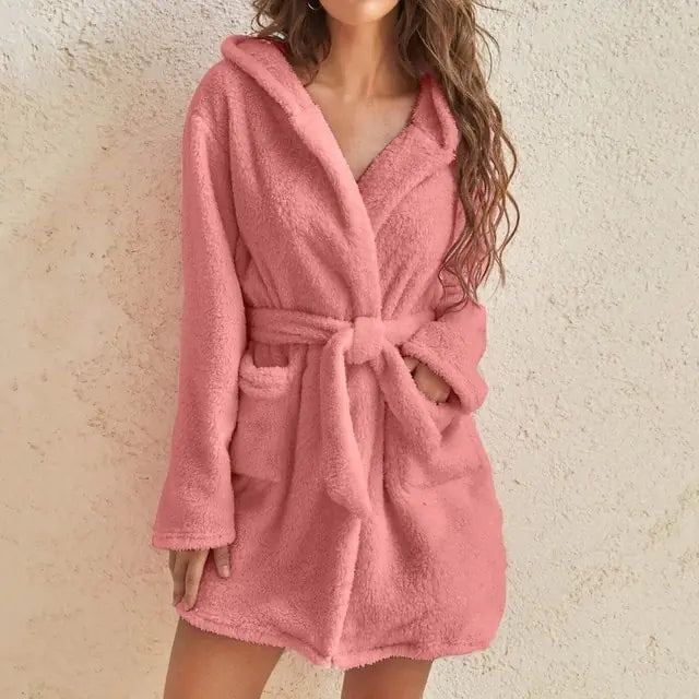 Women Hooded Fleece Bathrobe  Mustard Seed1 Pink XL 