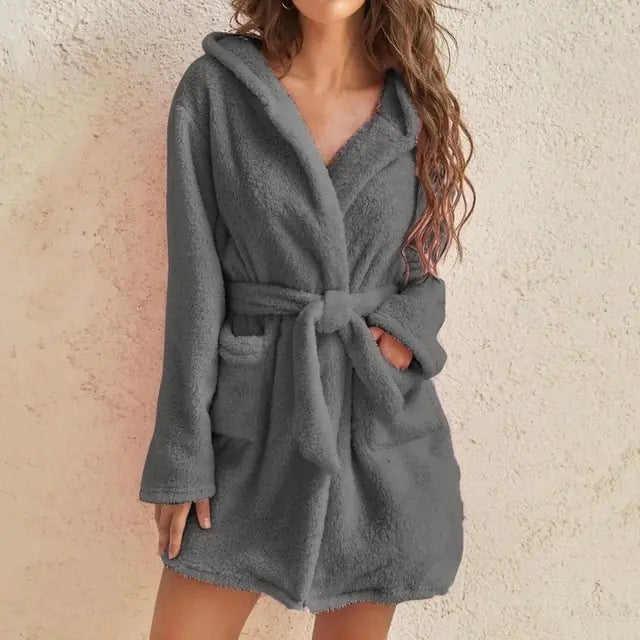 Women Hooded Fleece Bathrobe  Mustard Seed1 Gray M 