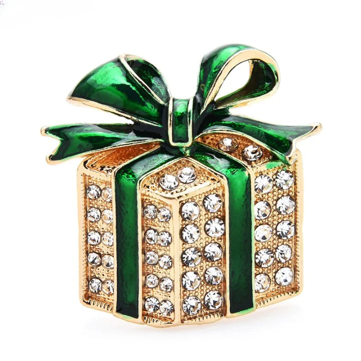 Rhinestone Enamel Gift Box Brooches  Essential Elegance By MustardSeed.com Green 4.4*4.4cm 