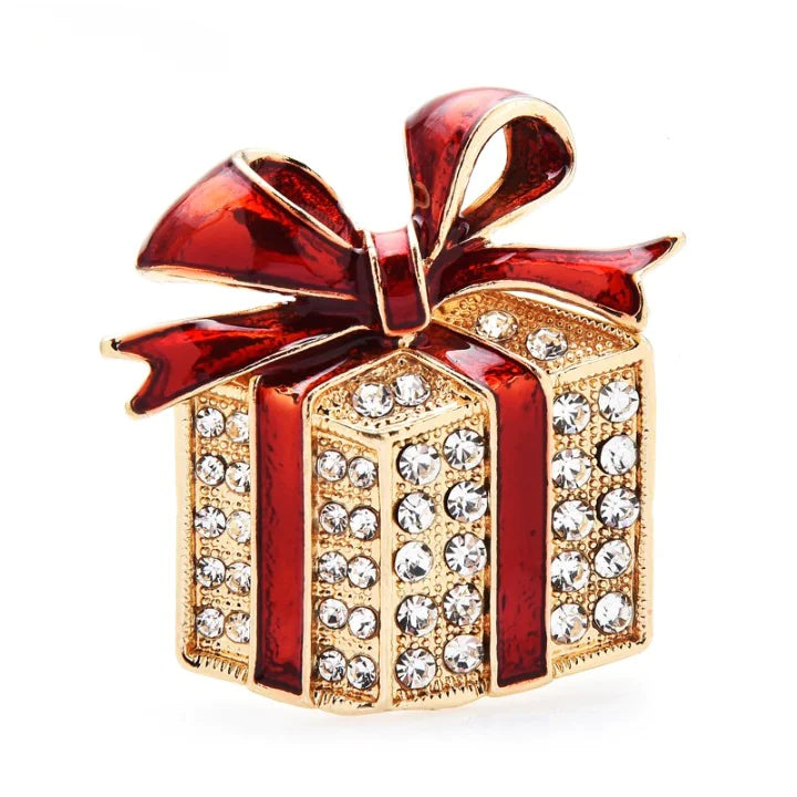 Rhinestone Enamel Gift Box Brooches  Essential Elegance By MustardSeed.com Red 4.4*4.4cm 